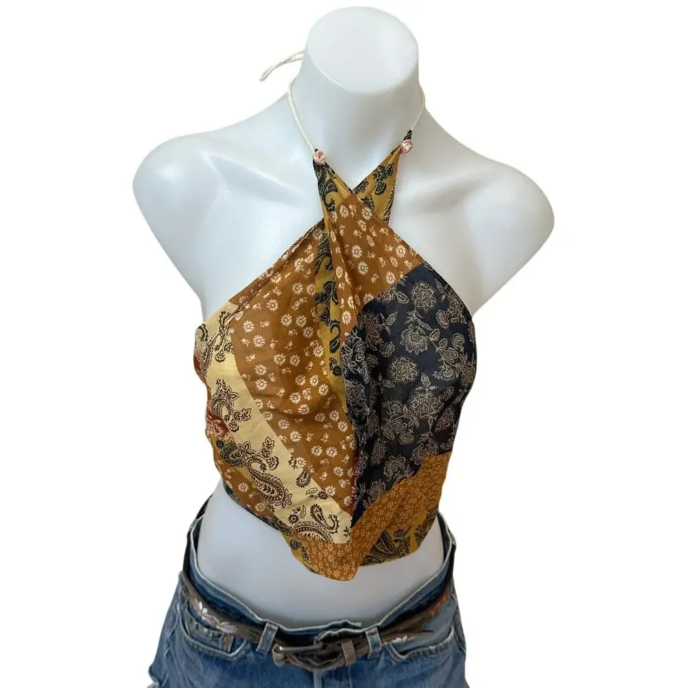 Bandana Halter Top Cropped One Size Western Patchwork Festival Convertible - Picture 6 of 10